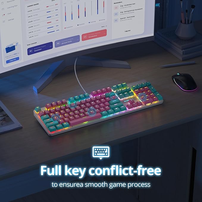 surmen Full Size Pink Creamy Keyboard with Number Pad 104 Keys RGB Wired Mechanical Gaming Keyboard Backlit with PBT Keycaps Linear Red Switch for Laptop Desktop PC Gamers（104 Miami）