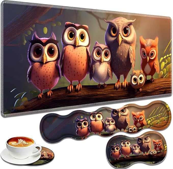 Large Gaming Mouse Pad + Keyboard Wrist Rest + Wrist Support + Coaster Set Memory Foam Ergonomic for Easy Typing XXL Extended Gaming Mouse Pad Table Pad - Cute Owl
