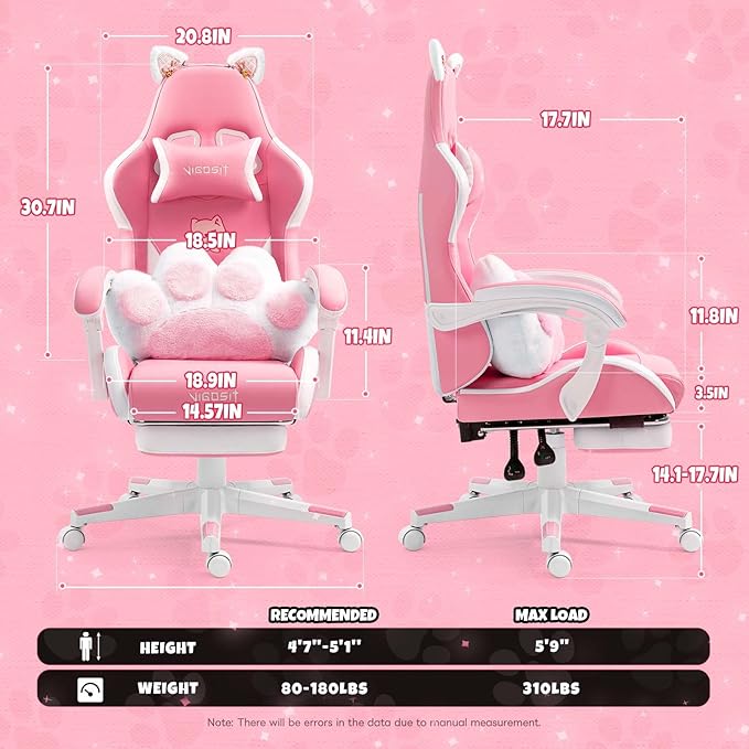 【Gaming Chair with Paw Cushion】 Kawaii PC Gamer Chair for Girls Teens Adjustable Height &amp 90-155° Recline 360° Swivel with Retractable Footrest (Pink)