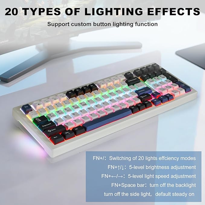 Wireless Mechanical Keyboard BT5.0/2.4GHz/USB Multi-Color LED with 18+ Modes Hot-Swappable Custom Keyboard Red Creamy Switches Gaming Keyboard for PC/Mac (Blue White)