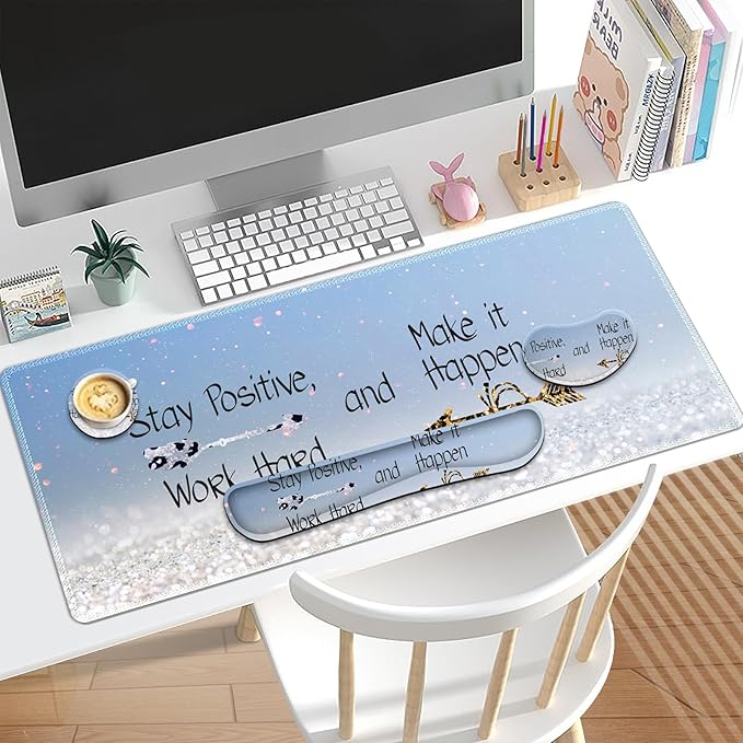 Desk Mat Gaming Mouse Pad Wrist Rest Support Combo XXL Large Mousepad + Keyboard Wrist Support +Mouse Wrist Rest+Coaster Set with Ergonomic Design 4in1 for Home Office Stay Positive Blue