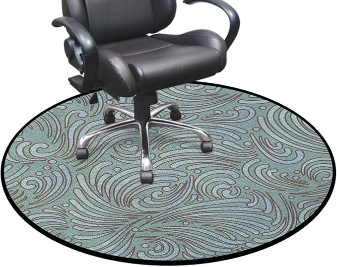 Seafoam White Non Slip Protective Floor Mat Multi-Purpose Low Pile Desk Chair Mat for Hardwood Floor Carpet Round Pattern Chair Abstract Victorian Style Floral Leaves Diameter 51 in