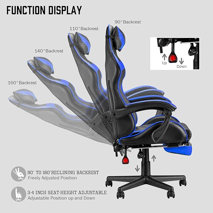 Huracan Gaming Computer Chair with Footrest Adjustable Video Game Chairs for Adults Heavy Duty Office Chair with Headrest and Lumbar Support Blue