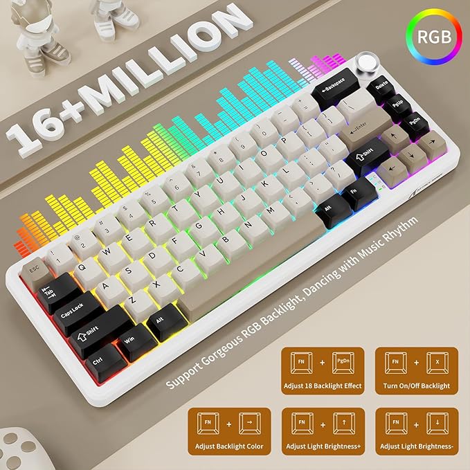 ATTACK SHARK X66 Wireless Mechanical Gaming Keyboard with KnobTri Mode USB-C/BT5.0/2.4G Gasket Mounted 60% RGB Gaming Keyboard 66KeysPBT Keycap Hot Swappable Custom Strawberry Switch(Cheese White)