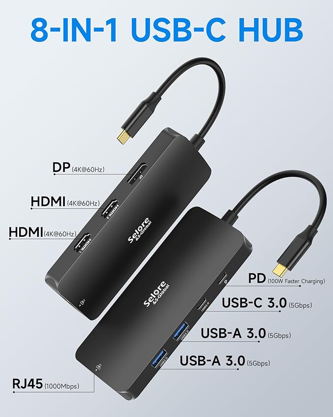 USB C Docking Station Dual Monitor Selore Docking Station 3 Monitors Triple 4K Display with 2 HDMI DisplayPort 1 Gbps Ethernet 100W PD Charging USB 3.0 Ports Adapter for Dell HP etc(Black)