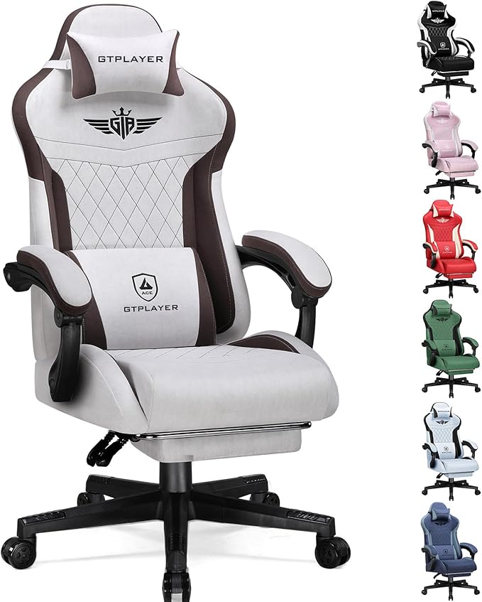 GTPLAYER Gaming Chair with Footrest Big and Tall Game Chair High Back Computer Office Chair with Lumbar Support for Adults Ergonomic Swivel Games Chair with Cushion Gaming Fabric Brown