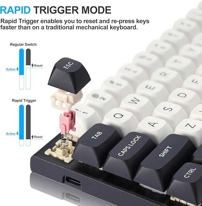 Redragon K701 Rapid Trigger Mechanical Gaming Keyboard 60% Wired with Adjustable Actuation Magnetic Switch 8k Hz Polling Rate RGB Backlit 68 Keys Mini for PC Gamer White/Blue-black
