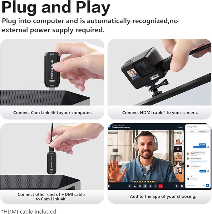 Cam Link 4K – External Capture Card for DSLR Camcorder ActionCam as Webcam HDMI to USB 3.0 Meet/Stream/Record in 4K60/1080p120 Easy Connect for OBS/Zoom Windows/Mac