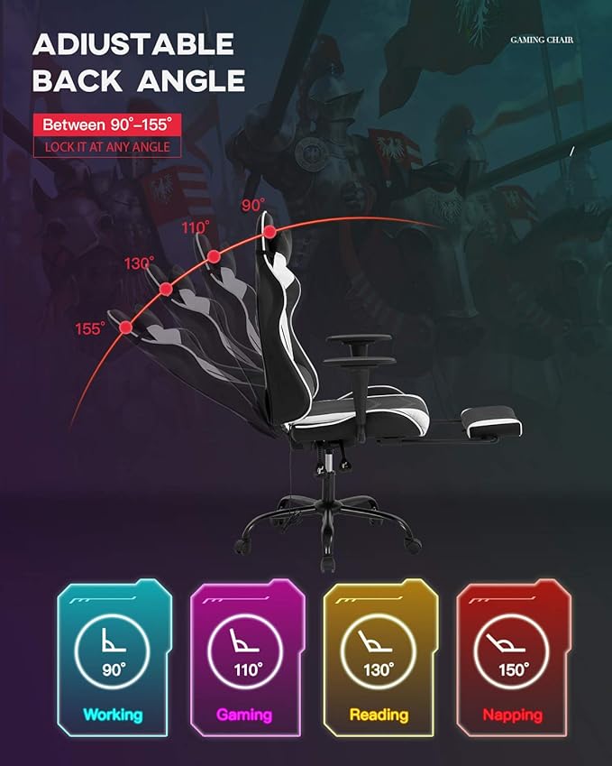 Computer Gaming Chair PC Ergonomic Office Chair Home Executive Desk Chair Adjustable High-Back PU Leather Racing Rolling Swivel Task Lumbar Support Footrest Headrest Armrest Massager