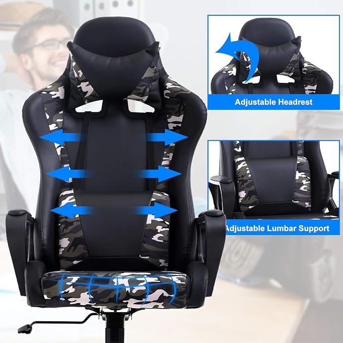 PC Gaming Chair Office Racing Desk Chair With Lumbar Support Arms Headrest Massage - High Back PU Leather Ergonomic Computer Chair Adjustable Swivel for Women Men Adult Camo