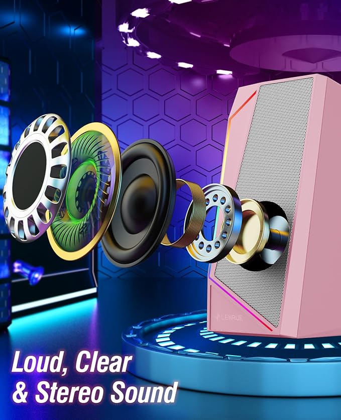 LENRUE Computer Speakers USB/USB-C Powered PC Speakers with Loud Stereo Sound Headphone-in for Desktop Laptop Monitor (USB-C to USB Adapter Included) (Pink)