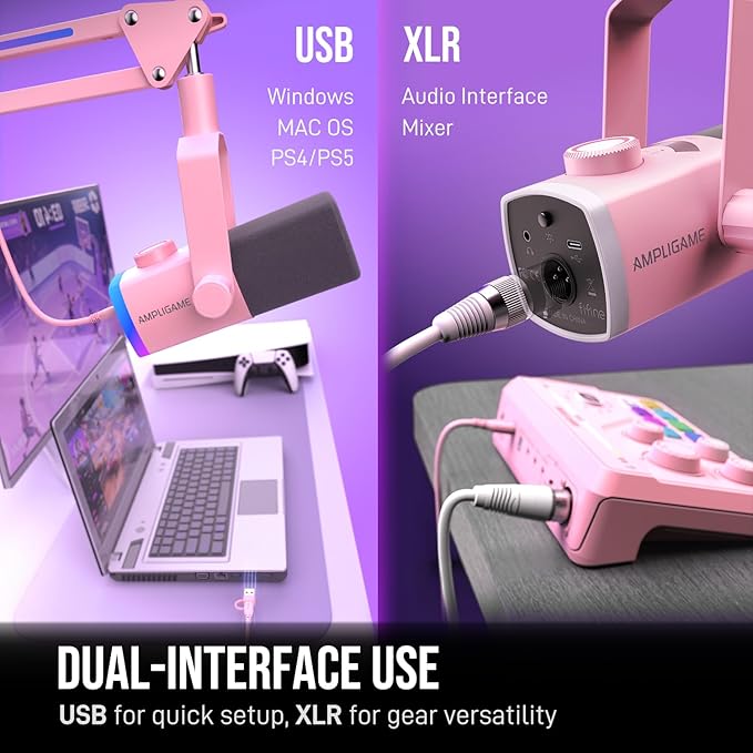 FIFINE XLR/USB Gaming Microphone Kit with Boom Arm Stand RGB Streaming Mic for Computer Compatible with PC/PS4/PS5 Podcast Mic Set with Headphone Jack Volume Knob Mute-AmpliGame AM8PROT Pink