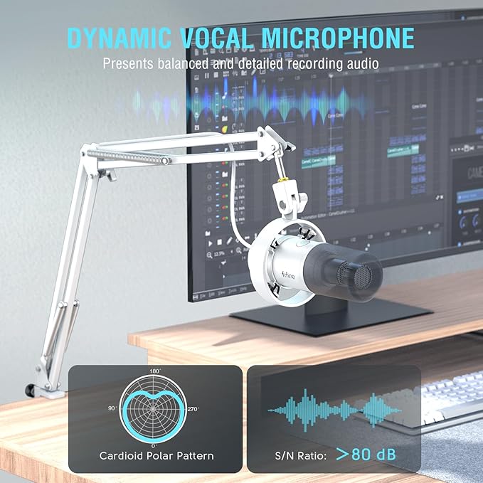 FIFINE Dynamic Microphone with Boom Arm Studio Vocal XLR Microphone Podcast USB Mic Kit for PC with Mute Button Volume Knob Headphone Jack for Streaming Recording-AmpliTank K688CT White