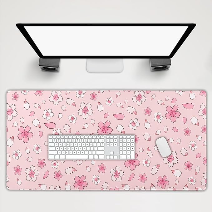 Pink Cherry Blossom Gaming Mouse Pad Extended 3XL Cute Anime Aesthetics Floral Kawaii Flower Large Mousepad Non-Slip Rubber Base Stitched Edge Long Keyboard Desk Mat for Computer47.2x23.6 In120x60cm