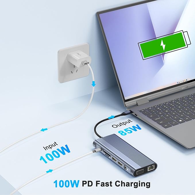 USB C Docking Station Dual Monitor for Dell/HP/Lenovo/Mac Laptop Dual HDMI Adapter for 2 Monitors 14 in 1 Laptop Docking Station Dual Monitor with 10Gbps USB/HDMI/VGA/PD/Ethernet/SD/TF/Audio/Mic