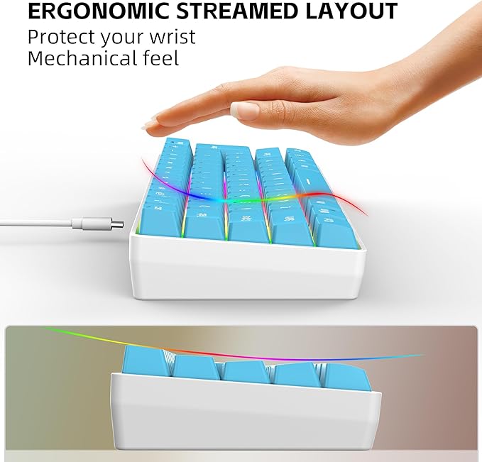 Snpurdiri 60% Wired Gaming Keyboard Small Ultra-Compact 61 Keys RGB Backlit 60 Percent Gaming Keyboard for PC/Mac Gamer Typist Travel Easy to Carry on Business Trip (Blue)