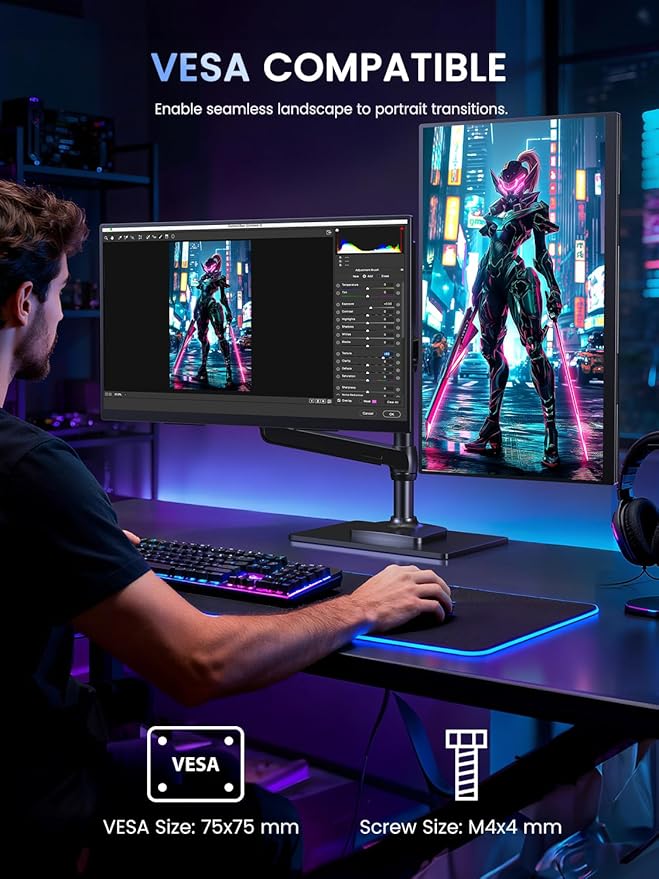 UPERFECT 24.5 2K Portable Monitor 165Hz Gaming Monitor 1ms FreeSync HDR IPS Large Mobile Screen Built-in 180° Adjustable Stand/VESA USB-C HDMI Second Screen for Laptop Phone Game Console
