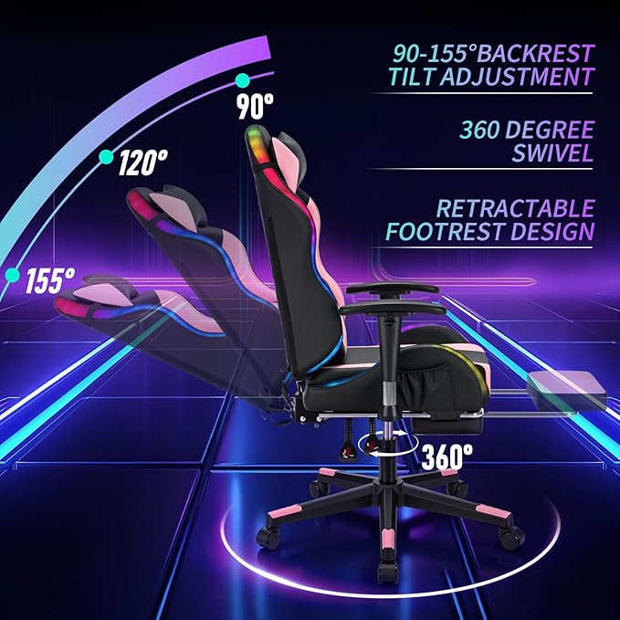 HOFFREE RGB LED Gaming Chair for Kids Reclining Gaming Chairs for Teens 8-15 Computer Chair with RGB Lights Kids PC Game Chair with Footrest and Lumbar Support Video Game Chairs Pink and Black