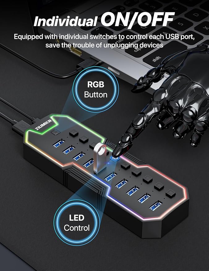 ZIUMIER Powered USB Hub 10 Ports USB 3.0 Hub with RGB LED Strip and 12V/2A Power Adapter USB ExtensionIndividual LED On/Off Switches for Mac PC Desktop Flash Drive Mobile HDD