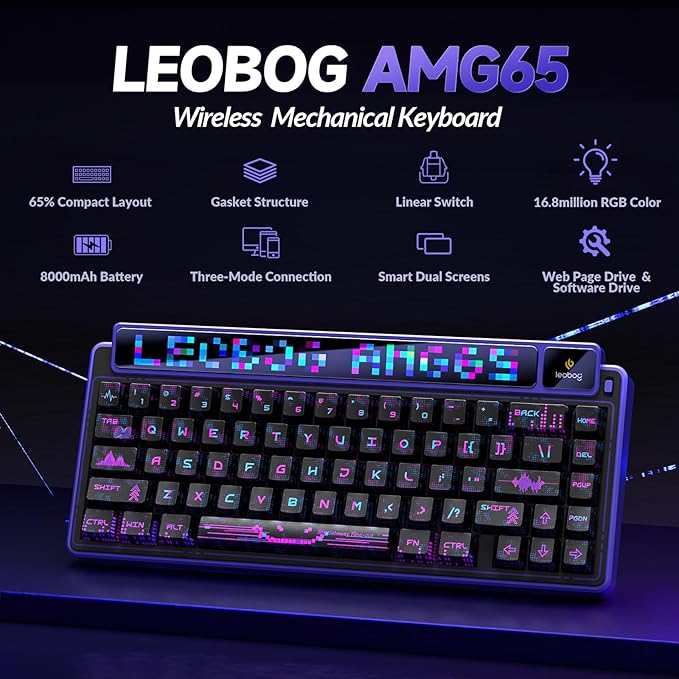 X LEOBOG AMG65 Wireless Mechanical Keyboard Dot Matrix LED Screen&ampTFT Screen 65% Hot-swappable Custom Keyboard 8000mAh Battery PBT Keycaps Pre-lubed Linear Switches RGB Backlit Gaming Keyboa