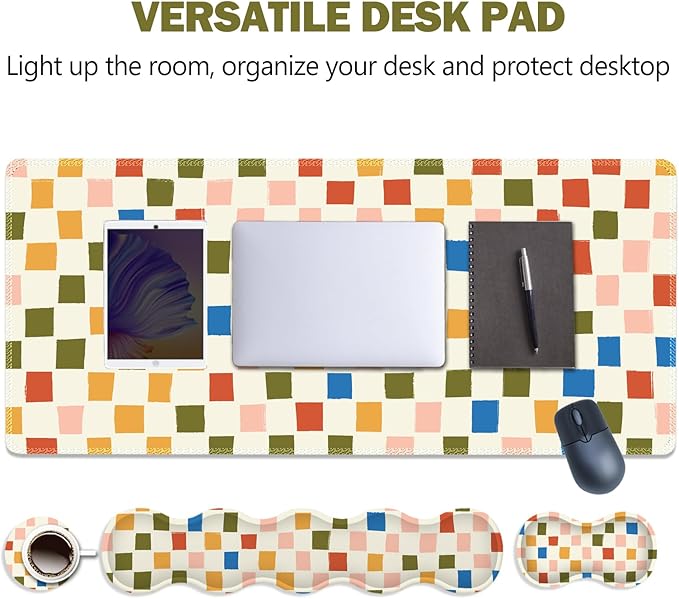 ARTSO Large Mouse Pad with Keyboard Wrist Pad and Mouse Wrist Pad Set Ergonomic Computer Desk Wrist Support Mousepad for Keyboard and Mouse-Vintage Color Plaid