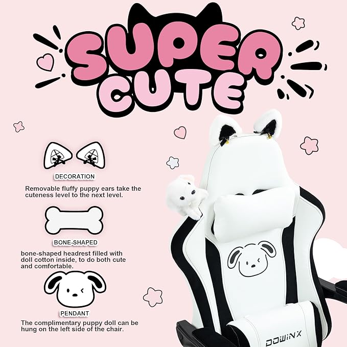 Dowinx Gaming Chair Cute with Plush Doggy and Massage Lumbar Support Ergonomic Computer Chair for Girl with Footrest and Headrest Comfortable Game Chair 290lbs for Adult Teen Black and White