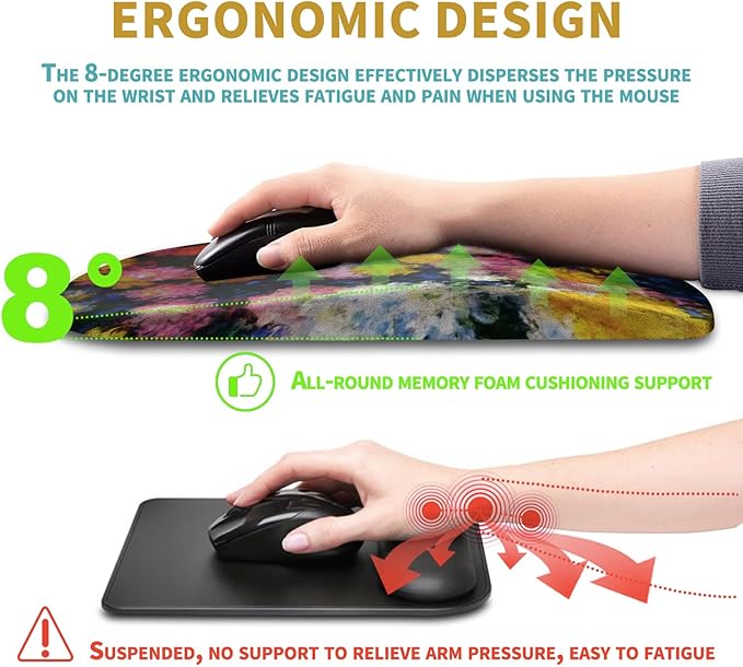 Hokafenle Ergonomic Mouse Pad Wrist Support with Massage Design Wrist Rest Pain Relief Mousepad with Memory Foam&ampNon-Slip PU Base Mouse Pads for Wireless Mouse &amp Desk(12x8 inchMonet Chrysan