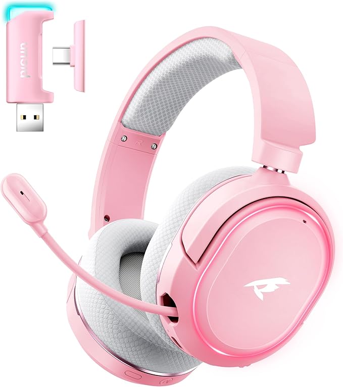 Wireless Gaming Headset 7.1 Surround Sound 2.4GHz USB Gaming Headphones with Bluetooth 5.4 100H Battery ENC Noise Canceling Mic RGB Light Wireless Headset for PC PS5 PS4 Mac Switch (Gray-Pink)