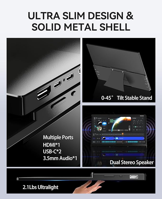 4K Portable Touch Monitor 15.6 inch 3840 * 2160 UHD w/USB-C HDMI Laptop Monitor 2000:1 100% RGB IPS Aluminum Alloy Shell10-Point TouchDual Speaker HDR for Home Work