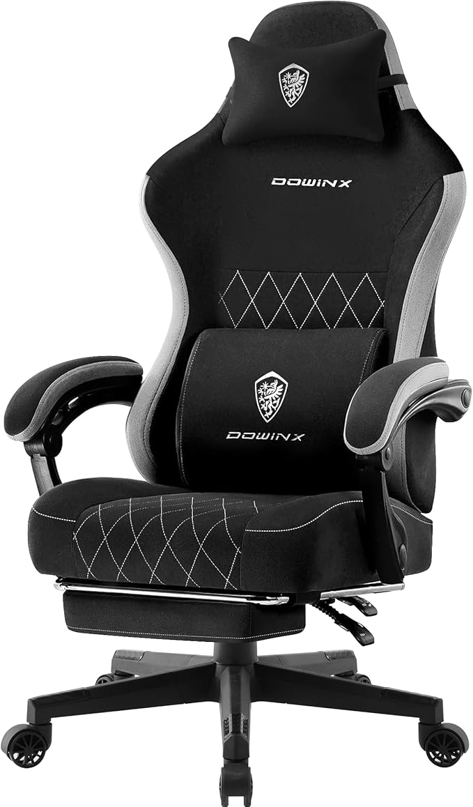 Dowinx Fabric Gaming Chair Computer Office Chair with Pocket Spring Cushions and Lumbar Support Ergonomic Massage Gaming Chairs with Footrest for Big and Tall Black