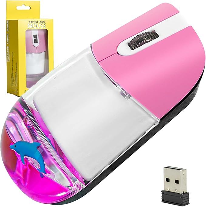 Wireless Mouse Cute Clear Water Silent Lightweight Portable Aqua Transparent Liquid Optical Retro Cordless Mice with USB Receiver Floater Dolphin for PC Laptop Computer MacBook Kids Girl Gift (Pink)