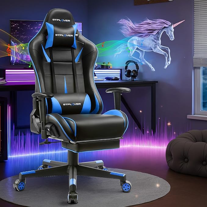 GTPLAYER Gaming Chair with Speakers Video Game Chairs with Footrest for Adults Ergonomic Computer PC Gamer Reclining Chair(Blue)