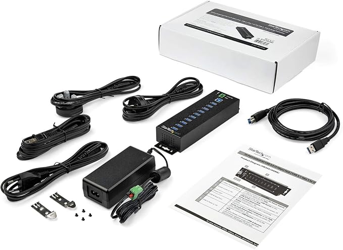 StarTech.com 10-Port USB 3.0 Hub with Power Adapter - Metal Industrial USB-A Hub with ESD &amp 350W Surge Protection - Din/Wall/Desk Mountable - High Speed USB 3.0 (5Gbps) - (5Gbps) Hub TAA