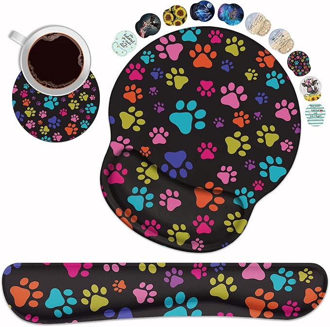 Keyboard Wrist Rest and Mouse Pad Wrist Rest Support Set with Coasters Non-Slip PU Base for Gaming and Office Comfortable &amp Lightweight for Easy Typing &amp Pain Relief - Colorful Dog Paw Print