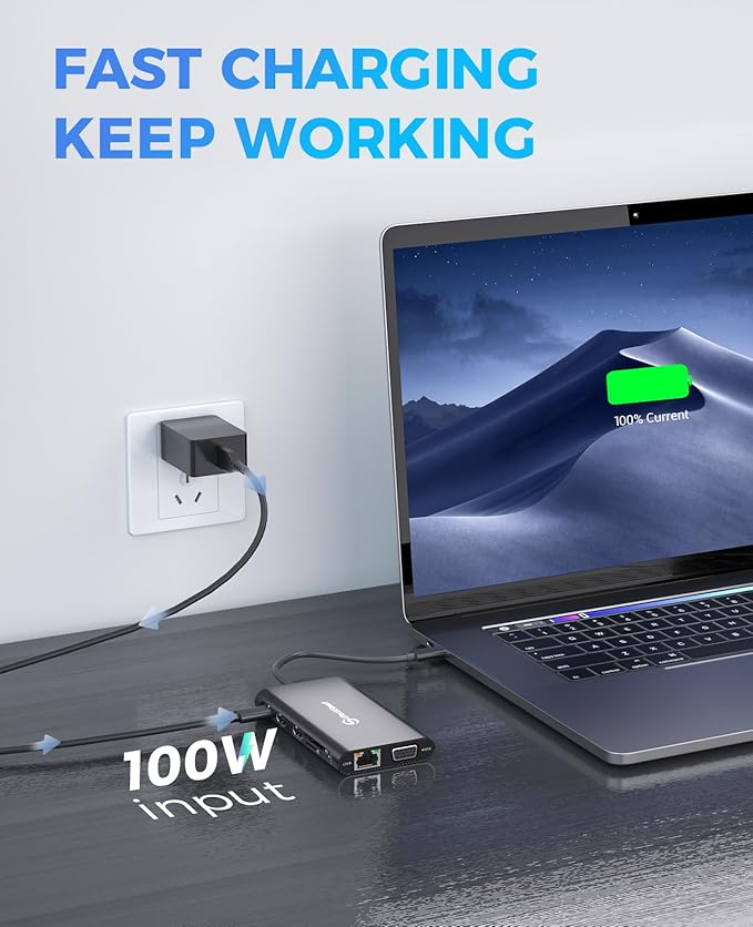 UtechSmart Triple Monitor USB-C Laptop Docking Station - 11-in-1 Dock with 2 HDMI VGA PD3.0 SD/TF Card Slot 4 USB Ports - Compatible with MacBook &amp Windows (Black)
