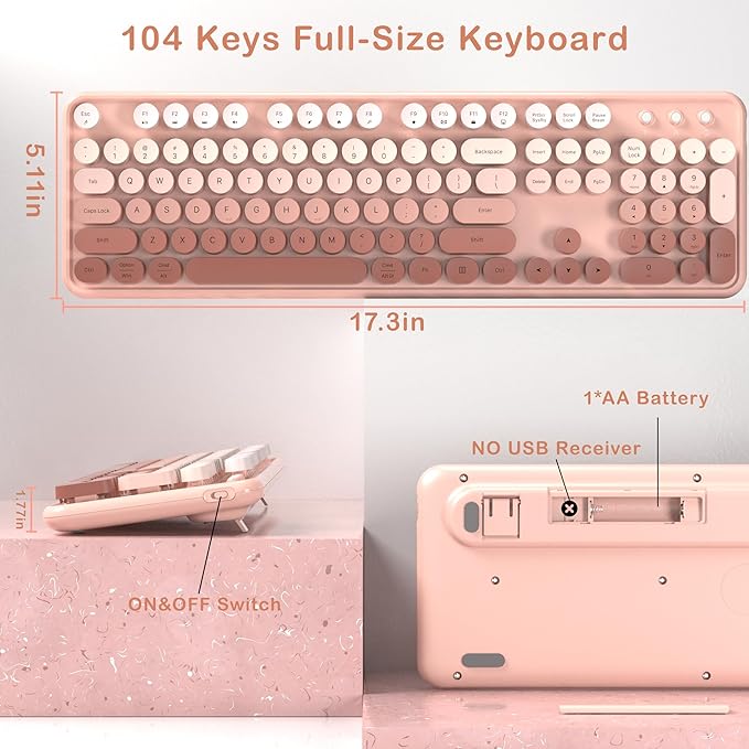 Colorful Wireless Keyboard and Mouse Combo COVEVA 2.4GHz Wireless Retro Cute Round Keycaps Keyboard 104 Keys Full-Sized Keyboard Mouse Set with Switch Button for PC Laptop Desktop (Rose Gradient)