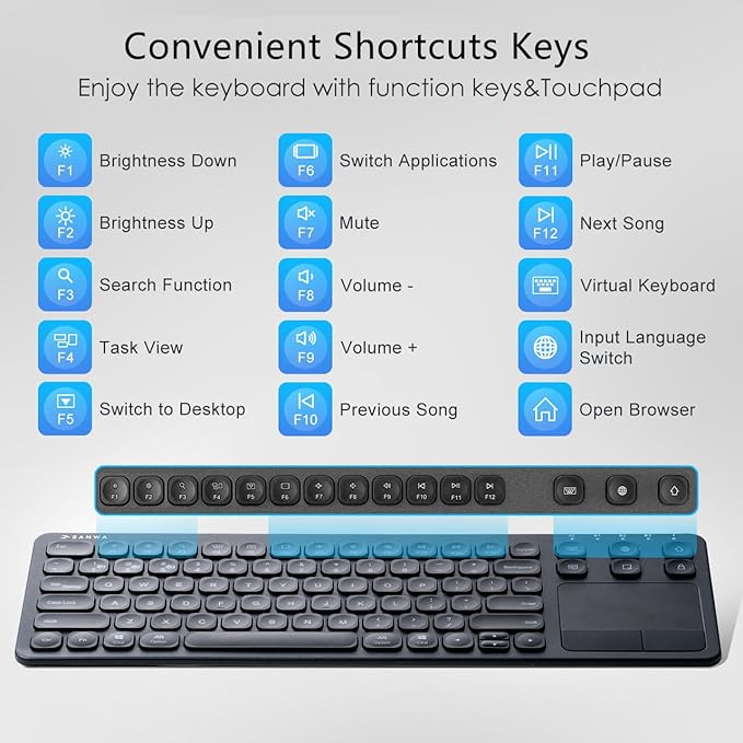 SANWA Multi Device Bluetooth Keyboard with Touchpad Rechargeable Keypad with Trackpad for Laptop Desktop Computer PC iPad/iPhone Tablet Compatible with MacBook Windows Android iOS Black