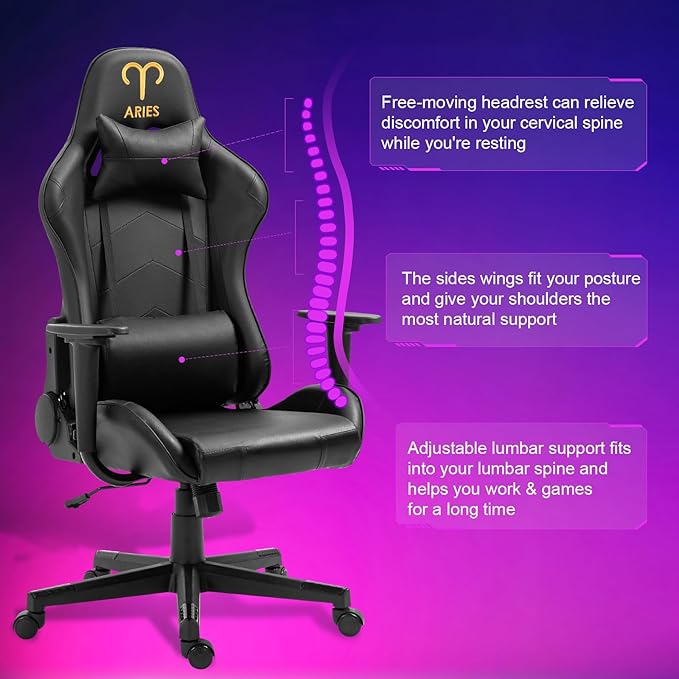 DIKEP Gaming Chair Computer Office High Back Leather Gamer Chair Ergonomic Adjustable Racing Chair with Headrest and Lumbar SupportBlack