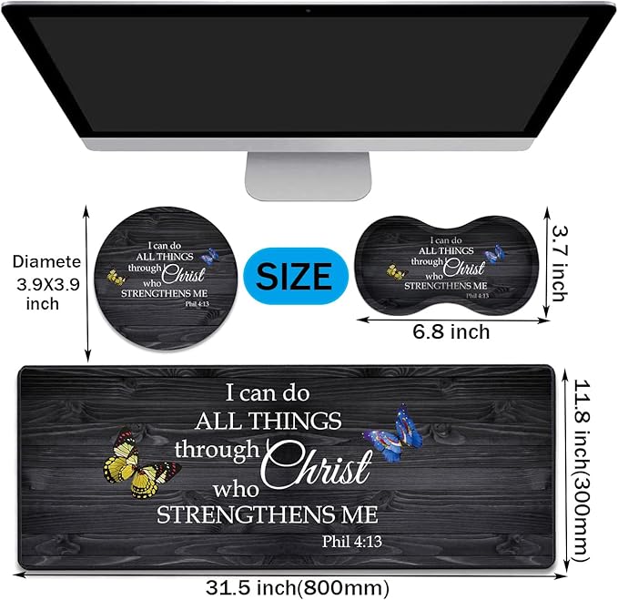 Desk Pad Gaming Mouse Pad + Wrist Rest Support Pad + Coaster 31.5 × 11.8 Durable Non-Slip Extended Computer Mouse Pad Suitable for Office and Home Bible Verse Phil 4-13