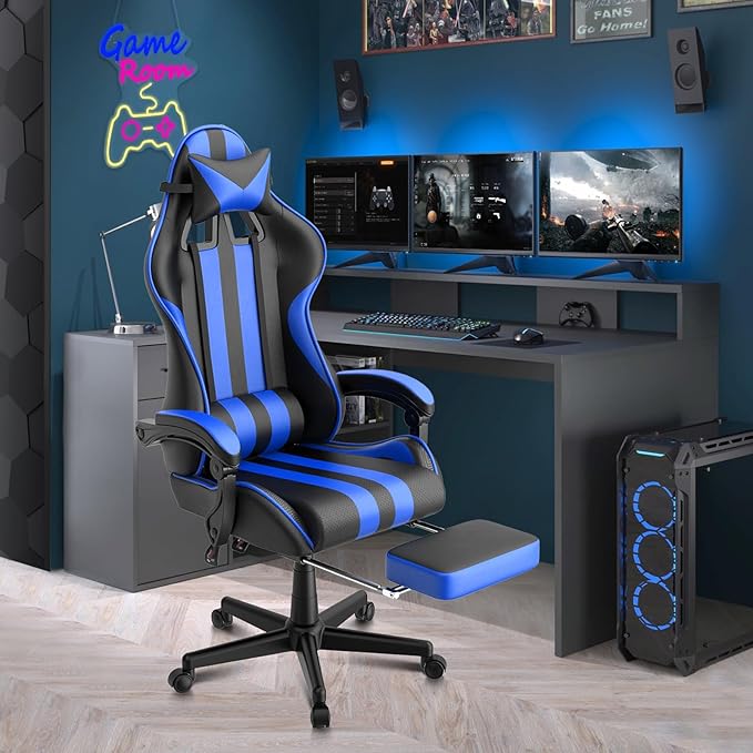 Ferghana Blue Gaming Chairs with Footrest PC Gaming Chairs for Adults Teens Racing Style Luxurious Comfort Waterproof PU Leather