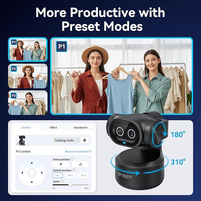 EMEET PIXY Dual-Camera AI-Powered PTZ Camera 4K AI Tracking PDAF&ampAI Autofocus 0.2s 1/2.55'' Sony Sensor 3 Mics Presets Gesture Control 4K Webcam for Streaming and OBS/Twitch/Switch 2 Compat