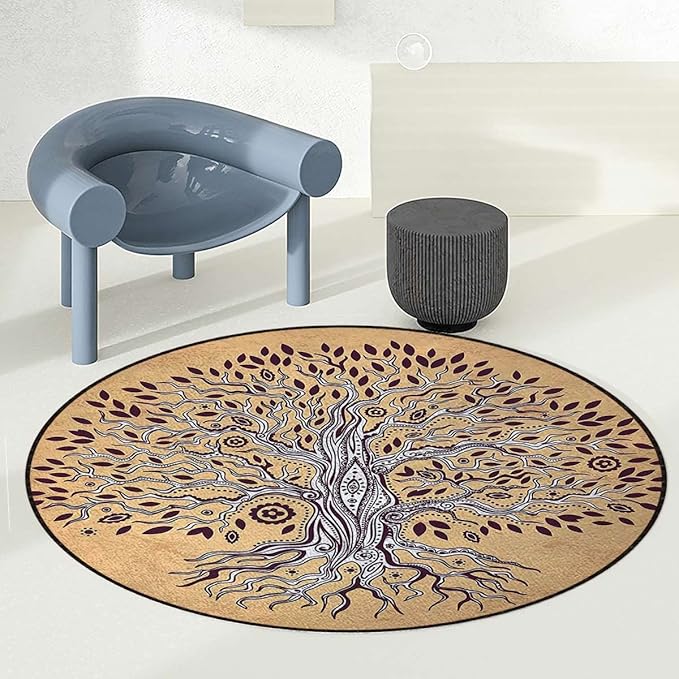 Cream BrownRound Area Rug Swivel Chair Mats Vintage Modern Graphic of an Aged Plant Under Computer Desk Floor Protector for Rolling Chairs Non Slip Anti Scratches Tree of Life Diameter 35.5 in