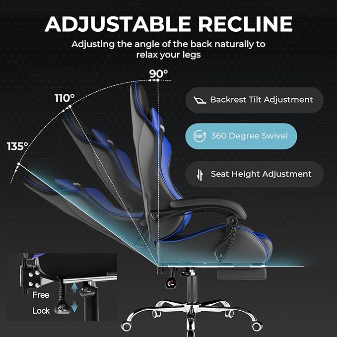 GTPLAYER Gaming Chair Computer Chair with Footrest and Lumbar Support Height Adjustable Game Chair with 360°-Swivel Seat and Headrest and for Office or Gaming (Faux Leather Blue)