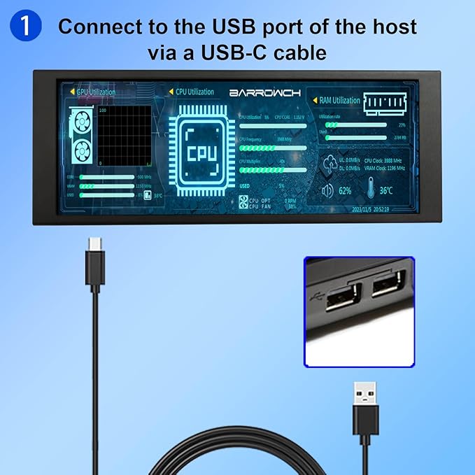VSDISPLAY 6.86 Inch Computer Temp LCD Monitor 1280x480 IPS Mini Stretched Bar PC Case Screen Supports DIY CPU GPU RAM Data ThemeBlack