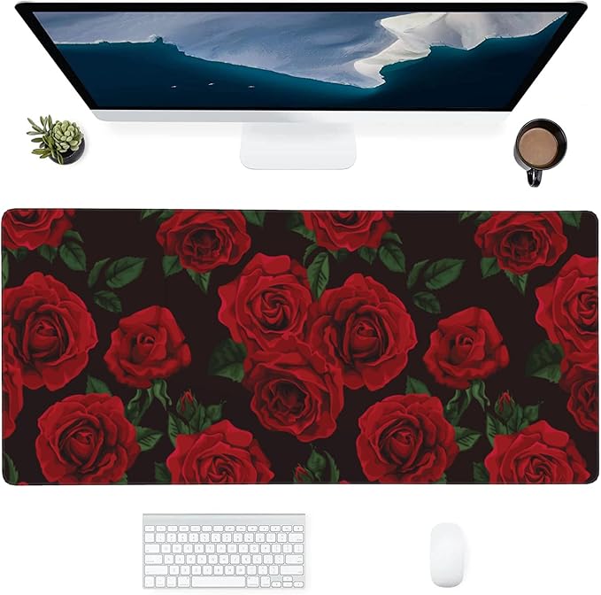 Rose Red Flower Large Mouse Pad Gaming Mousepad with Wrist Support Rubber Computer Keyboard Mat for Desk Laptop Non-Slip Full Deskmat Protector Waterproof Writing Pad Office Home 16x35.5 in