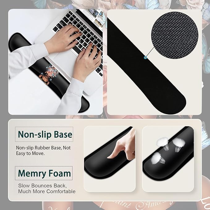 Large Mouse Pad Ergonomic Mouse Pad with Wrist Rest and Keyboard Wrist Rest 4 in 1 Set 31.5 x11.8 inch Extended Desk Pad for Home Office Flowers + African American Woman Black Gaming Mouse Mat