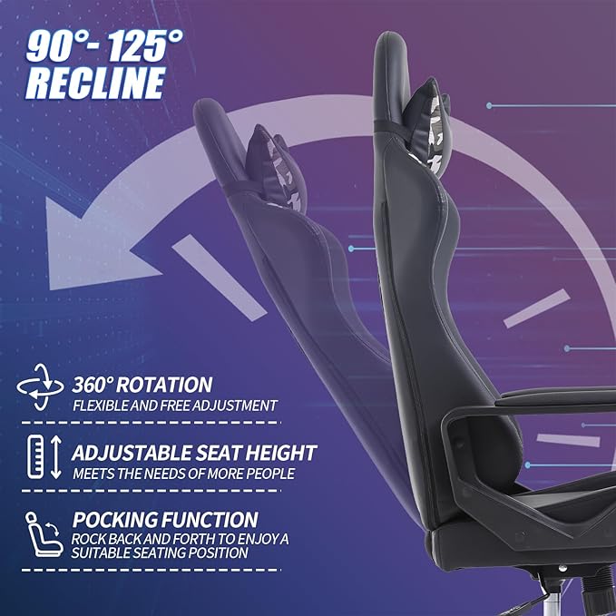 Gaming Chair High-Back Office Chair Ergonomic Video Game Chairs Height Adjustable Reclining Computer Chair with Lumbar Support Armrest Headrest Swivel Chair Game Chair for Adult Teen - Camo