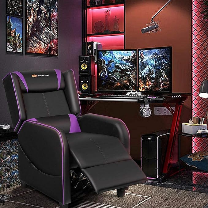 LDAILY Massage Recliner Chair Racing Style Gaming Chair w/Massage Lumbar Cushion Footrest &amp Headrest Ergonomic PU Leather Single Recliner Sofa for Living Room Home Office (Purple)