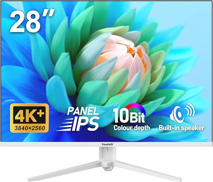 Gawfolk 28 inch UHD 4K Computer Monitor IPS Ultra HD (3840×2560p) Screen 3:2 10Bit 1.07 Billion Colours 128% sRGB Built-in Speakers 178° Wide Viewing Angle DisplayPort 1.4 &amp HDMI 2.0 White