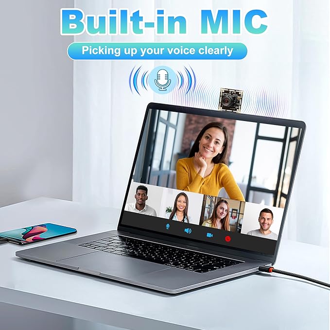 1080P USB Camera Module 30fps Video Camera Wide Angle Webcam No Distortion H.264 Low Light with Microphone for Windows Android Linux Mac PC Laptop